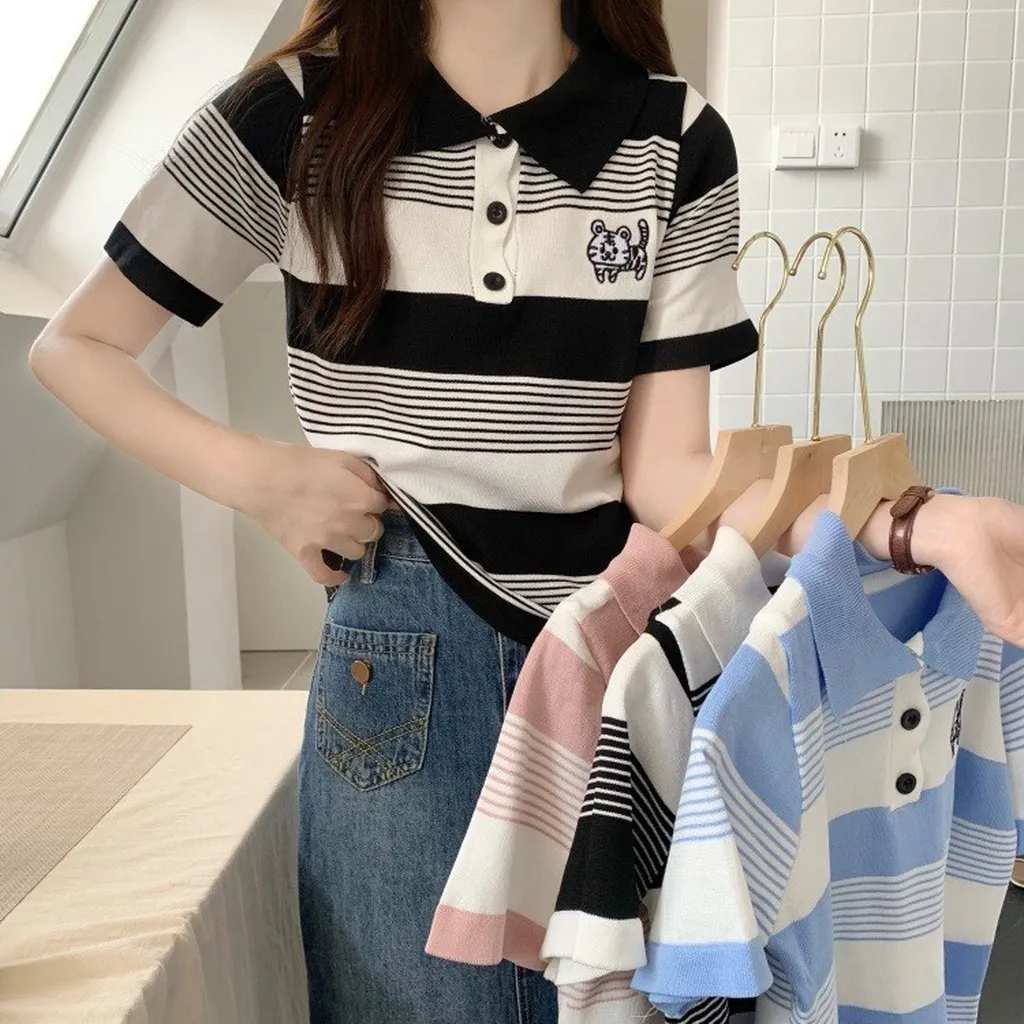 Áo Len Cộc Tay Cổ Đức Họa Tiết Kẻ Ngang Thêu Hình Hổ Con Sldca195 - Diepchi Fashion