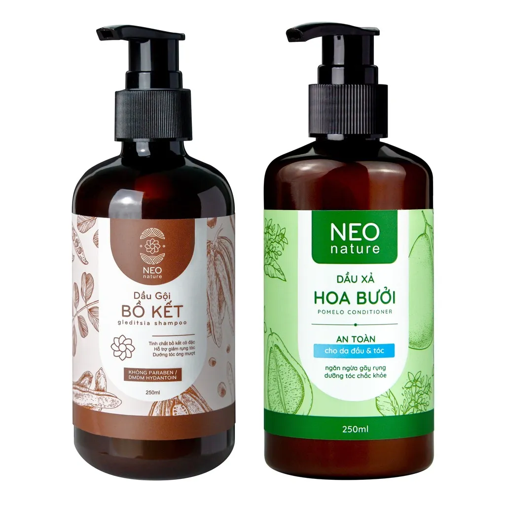 Bộ Đôi (gội + Xả) Dưỡng Tóc Suôn Mượt Và Giảm Gãy Rụng Tóc Gồm Dầu Gội Bồ Kết (250ml) & Dầu Xả Hoa Bưởi (250ml) - Neoneture