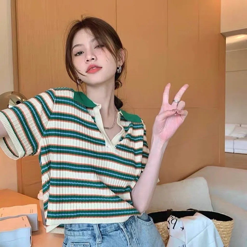 Áo Len Tăm Cổ Bẻ Họa Tiết Kẻ Ngang Nhỏ Mẫu Mới Phong Cách Retro Sldca182 - Diepchi Fashion
