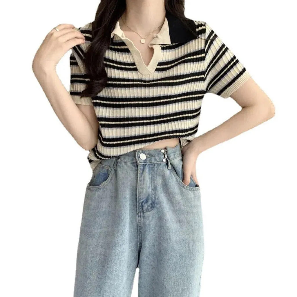 Alternative view of Áo Len Tăm Cổ Bẻ Họa Tiết Kẻ Ngang Nhỏ Mẫu Mới Phong Cách Retro Sldca182 - Diepchi Fashion