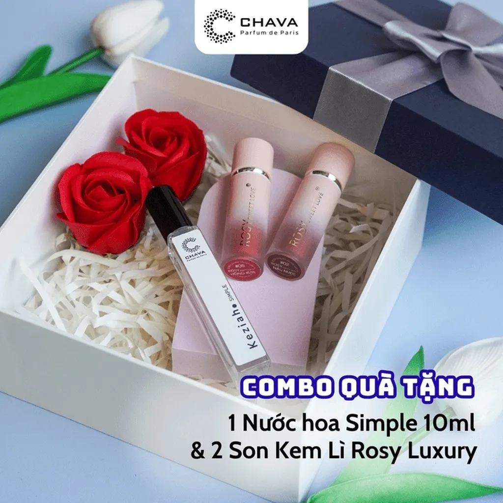 [combo Quà Tặng] 2 Son Kem Lì Rosy Luxury + 1 Nước Hoa Simple 10ml - Chava
