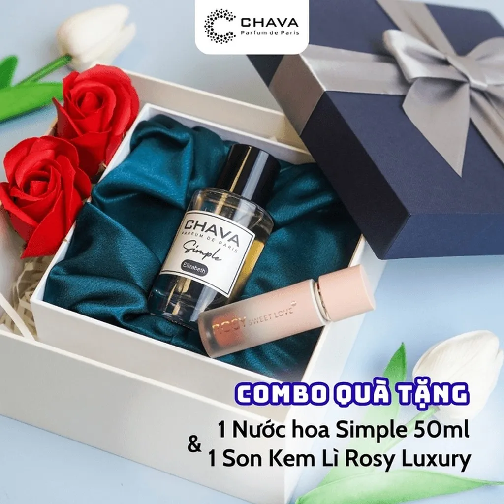 [combo Quà Tặng] 1 Nước Hoa Simple 50ml + 1 Son Kem Lì Rosy Luxury - Chava