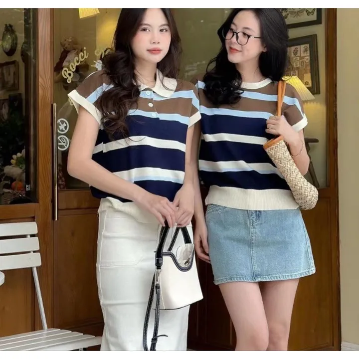 Áo Len Mongtoghi Tay Hến Cổ Bẻ Họa Tiết Kẻ Phối Màu - Chipxinhxk