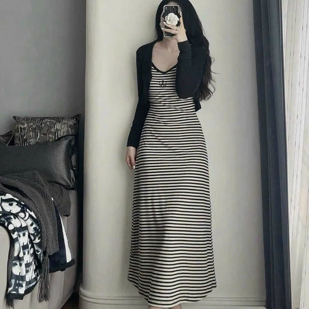 Set Đầm 2 Dây Form Dài Kèm Áo Khoác Tay Dài - Lê Phương Boutique