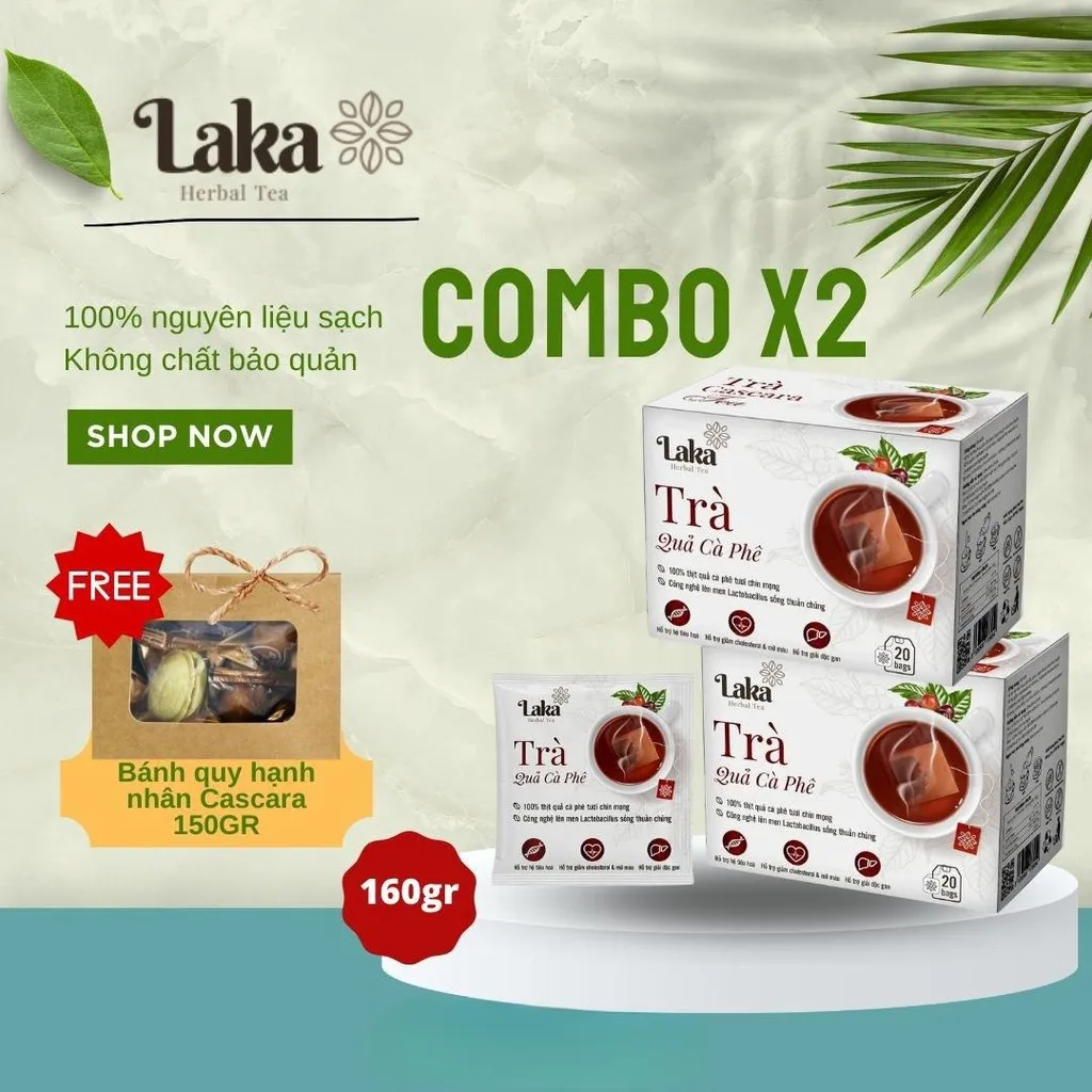 Combo Tặng Quà - 2 Hộp Trà Cà Phê Túi Lọc Cascara Laka 80gr, 100% Quả Cà Phê Tươi Chín Mọng, Công Nghệ Enzyme Độc Quyền