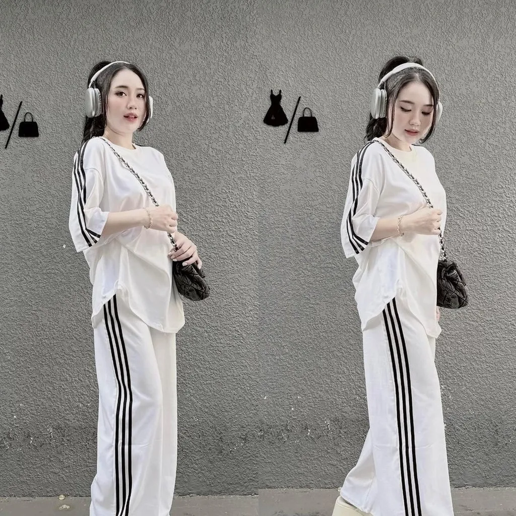 Set Bộ Đồ Thun Nữ Có Phối Viền Sọc Áo Kèm Quần Form Dài Rộng Chất Liệu Vải Thun Nỉ Dày Mịn Có Dây Bo Chun Hàng Hot Trend-htm Fashion
