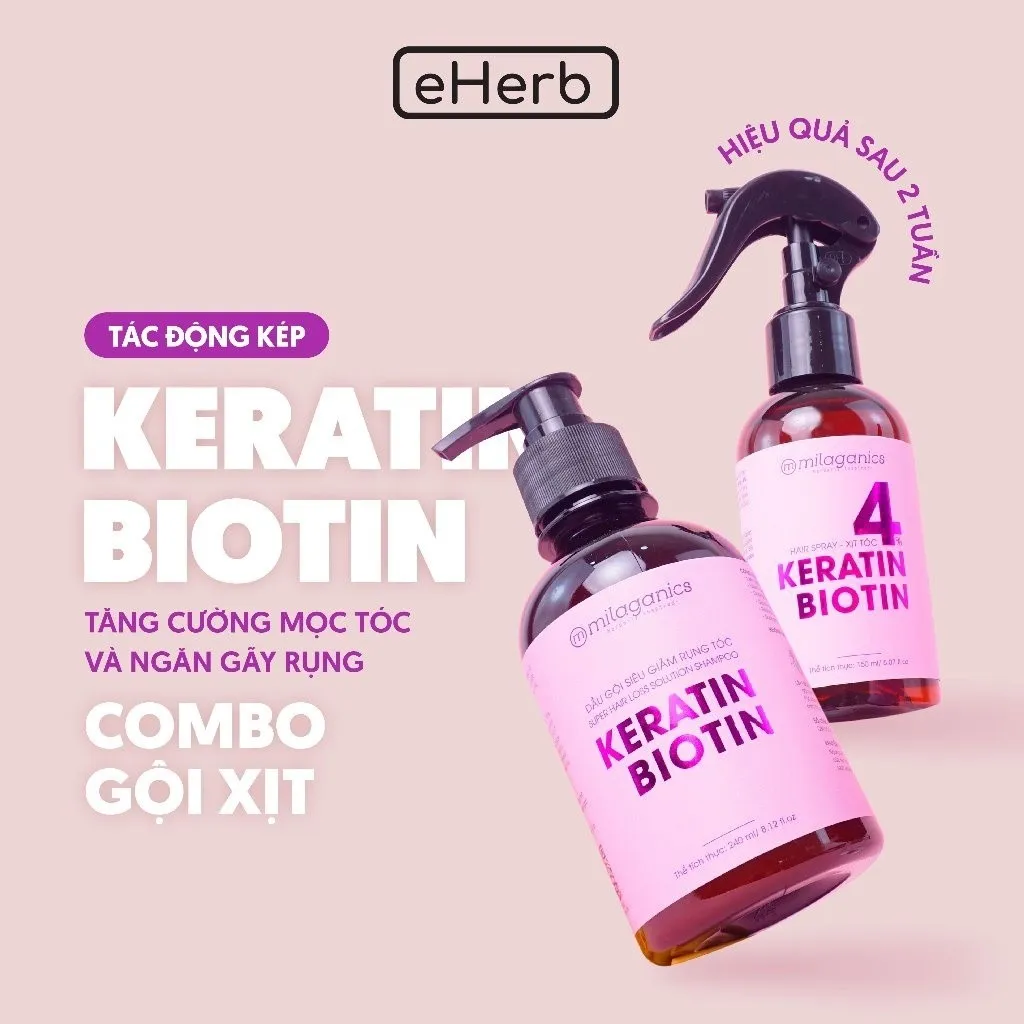 Combo Siêu Mọc Tóc Dầu Gội 240ml & Xịt Mọc Tóc 150ml Biotin & Keratin 4% Siêu Tăng Cường Mọc Tóc, Ngừa Rụng - Milaganics