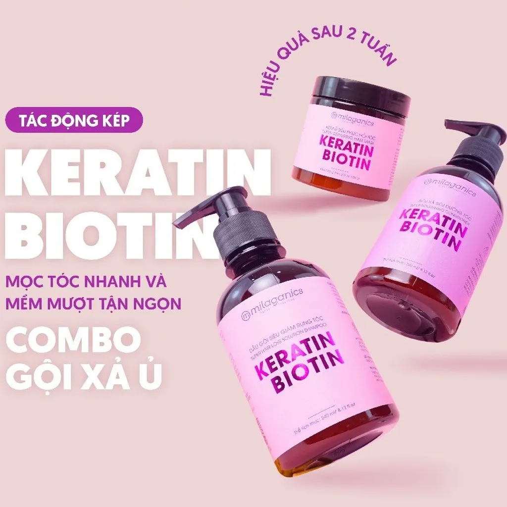 Combo 3 Keratin & Biotin : Dầu Gội, Dầu Xả, Kem Ủ Tác Động Kép Mọc Tóc Sau 2 Tuần - Milaganics