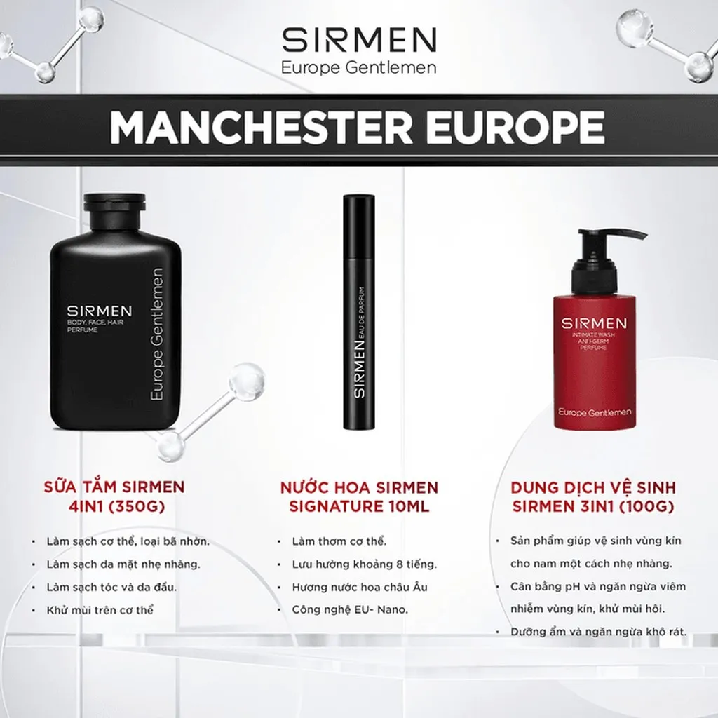 Alternative view of Giftbox Combo Manchester Europe Gồm Sữa Tắm 350g, Nước Hoa Nam 10ml Và Dung Dịch Vệ Sinh Nam 100g - Sirmen