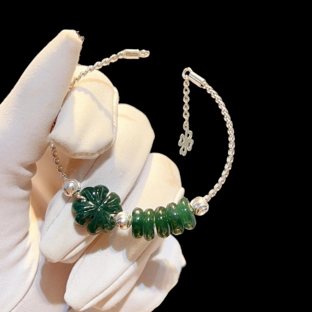 Vòng Tay Cỏ Bốn Lá Ngũ Điếu Ngọc Lam Thiên Nhiên Lõi Bạc Ta - Thắng Giang