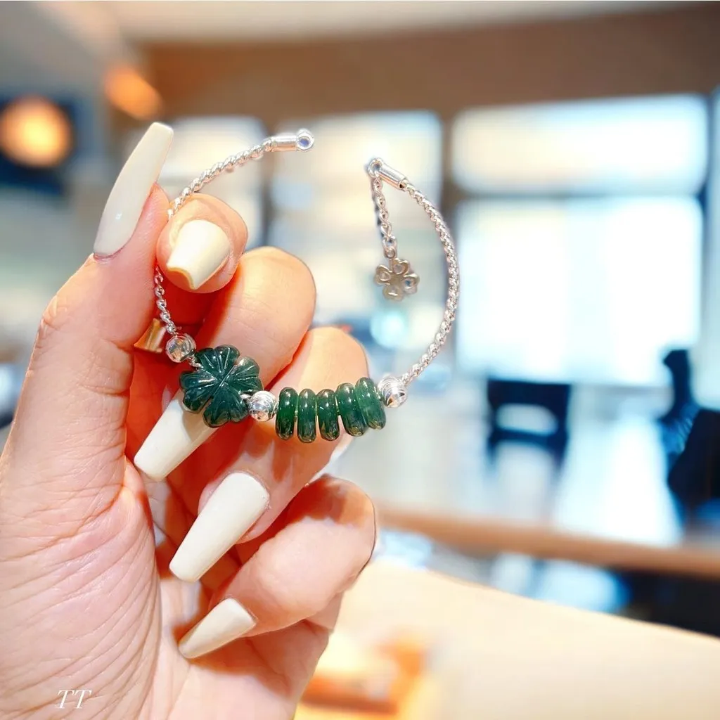 Alternative view of Vòng Tay Cỏ Bốn Lá Ngũ Điếu Ngọc Lam Thiên Nhiên Lõi Bạc Ta - Thắng Giang