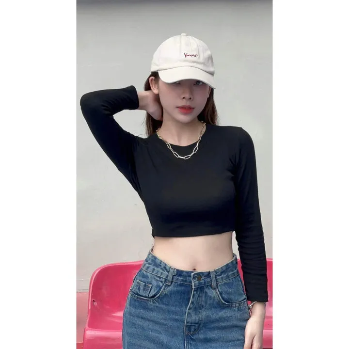 Áo Thun Dài Tay Cổ Tròn Trơn Dáng Croptop Chất Liệu Co Giãn, Tôn Dáng - Chipxinhxk