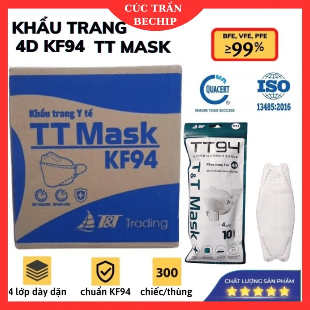 Combo 300 Cái Khẩu Trang Kf94 4d Mask Màu Trắng Dày Đẹp Ctb510 - Bechip