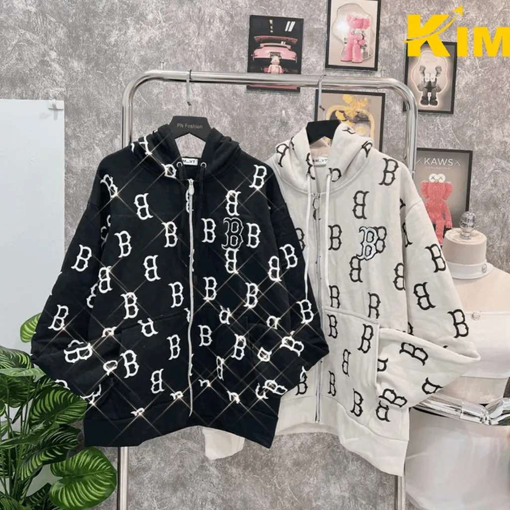 Áo Khoác Nỉ Ngoại Unisex Họa Tiết Chữ B Có Nón Có Khóa Zip - Kim