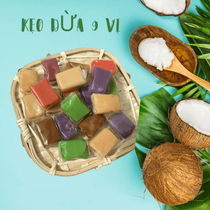 Kẹo Dừa 9 Vị Đặc Sản Bến Tre, Ít Ngọt, Béo Cốt Dừa Tự Nhiên 500g - Winnie House