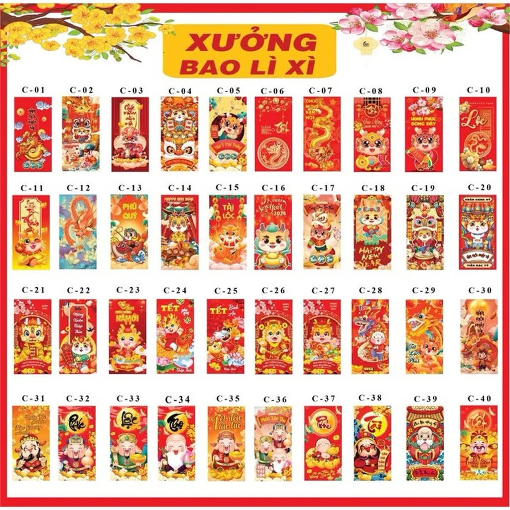 Set 100 Bao Lì Xì Tết Nhâm Thìn 2024 Chất Giấy C150 Đẹp Size To 8x16cm - Gdn