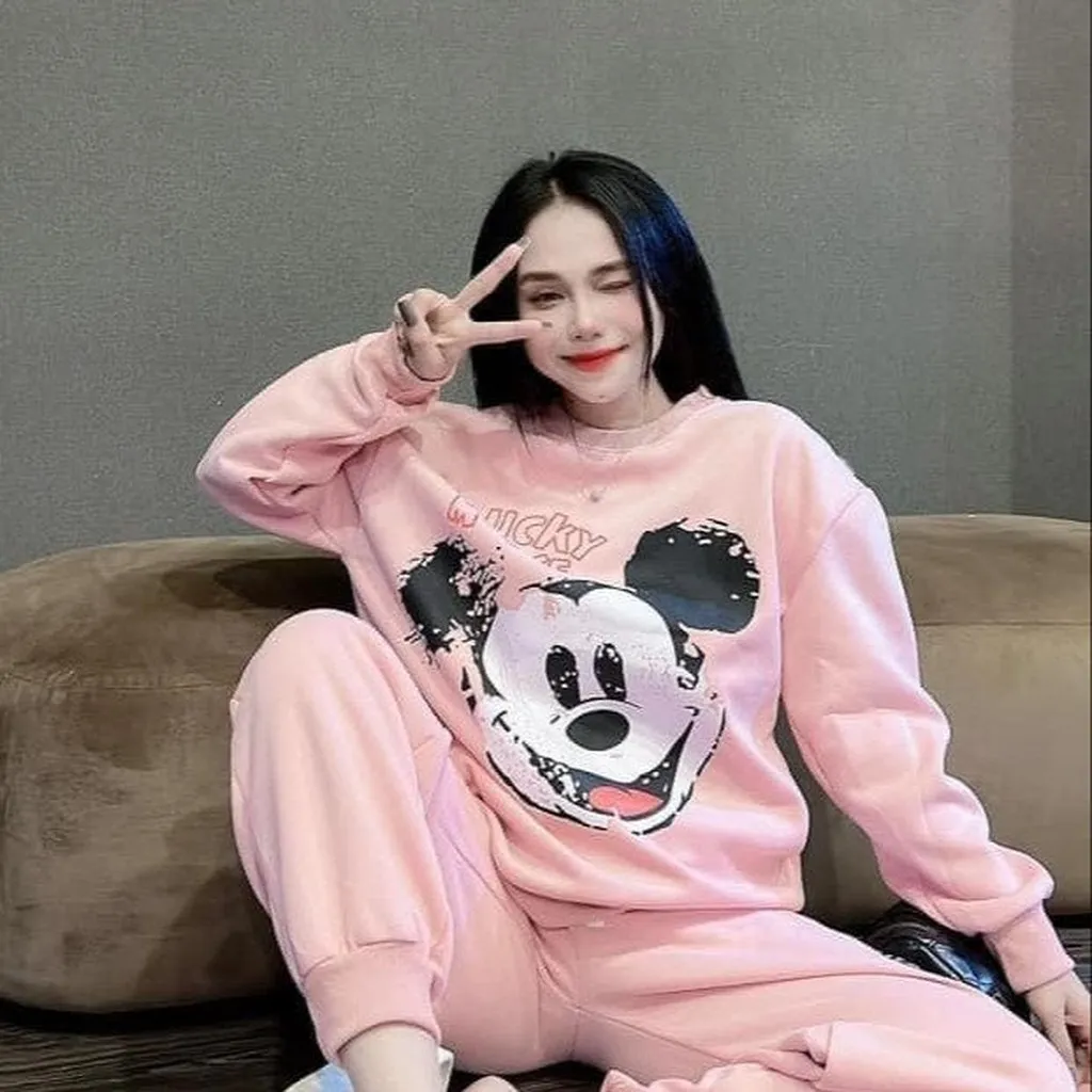 Sét Bộ Đồ Nỉ Nữ Cổ Tròn Bo Chun In Chuột Lucky Mouse - Htm Fashion