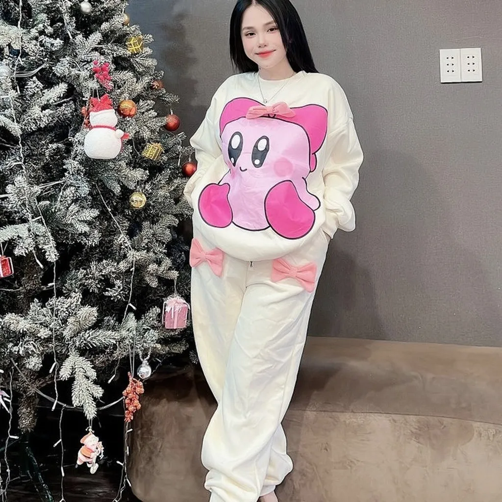 Sét Bộ Đồ Nỉ Nữ Cổ Tròn Bo Chun In Họa Tiết Bé Gấu Có Nơ Đáng Yêu - Htm Fashion