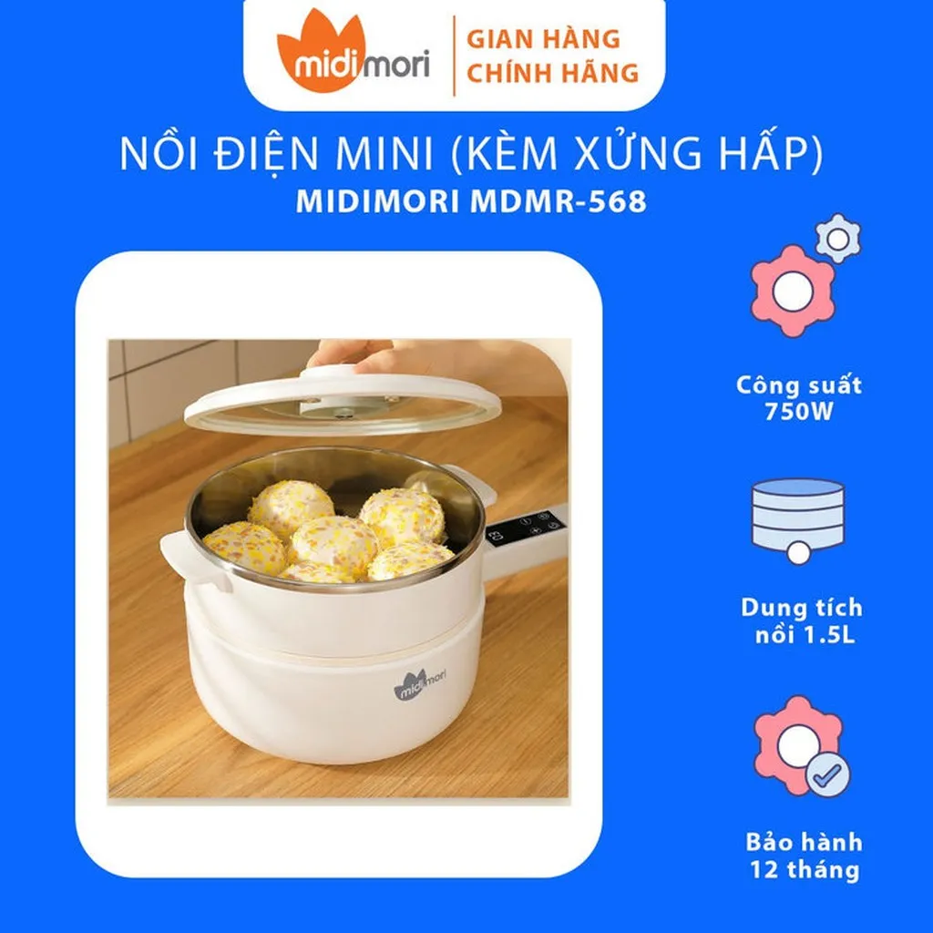 Nồi Lẩu Điện Mini Đa Năng Kèm Xửng Hấp - Mdmd-568 - Midimori