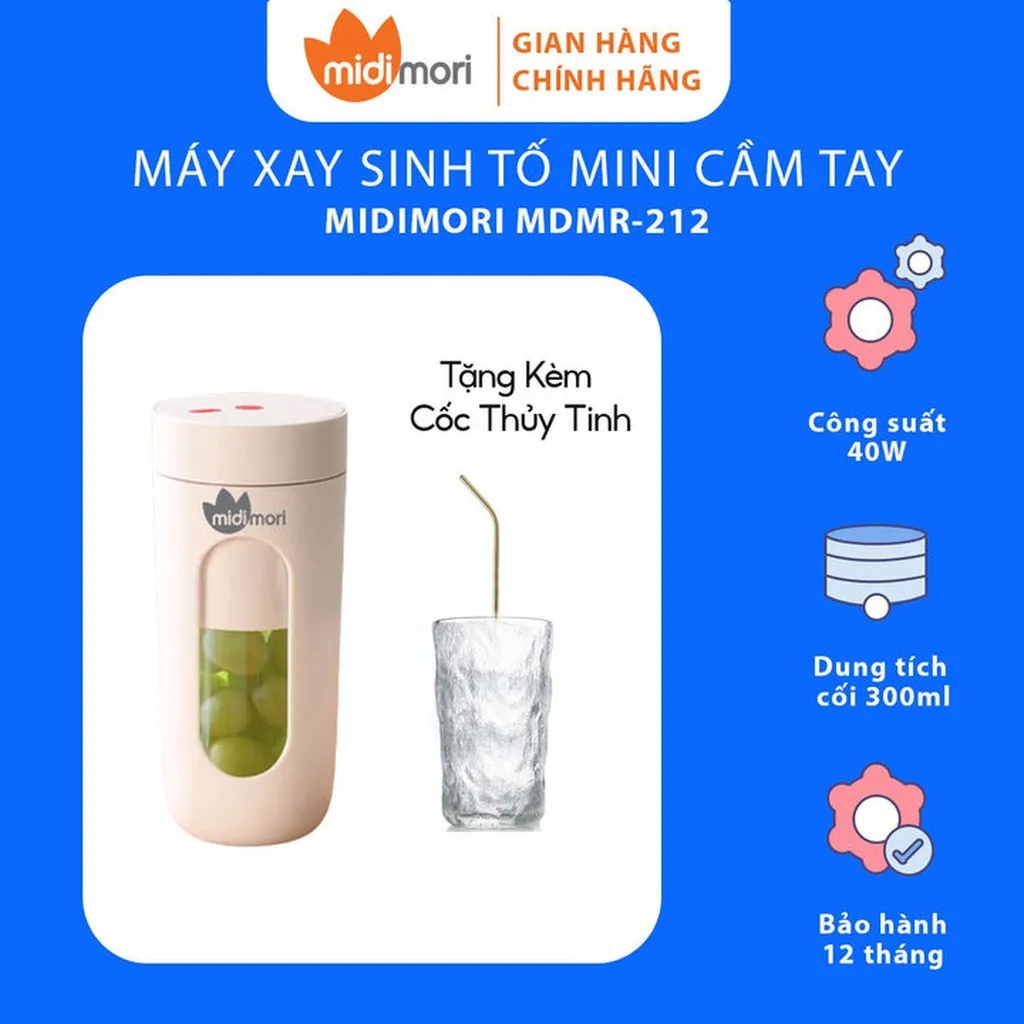 Máy Xay Sinh Tố Mini Cầm Tay Tặng Kèm Ly Thủy Tinh - Mdmr-212 - Midimori