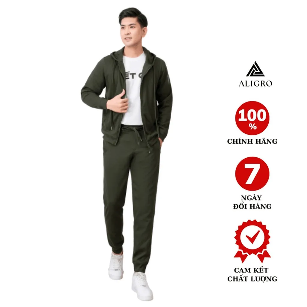 Bộ Nỉ Hoddie Aligro Kéo Khóa Có Mũ Màu Xanh Rêu Bn.16 - Aligro
