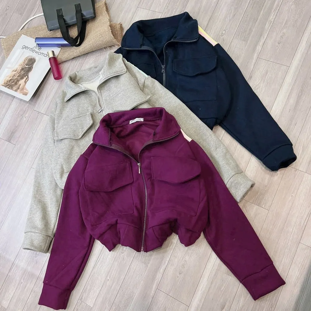 Áo Khoác Nỉ Croptop Cổ Bẻ Phối Sọc Vai Siêu Xinh - Kim