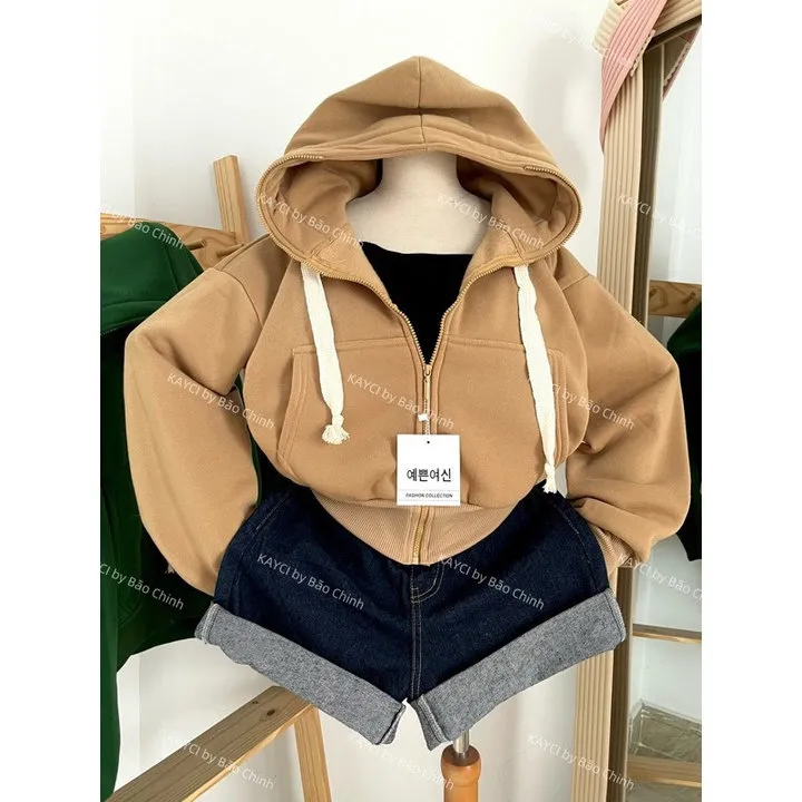 Áo Khoác Nỉ Dáng Ngắn Croptop Trơn Chống Nắng Mũ 2 Lớp Dây Bản To