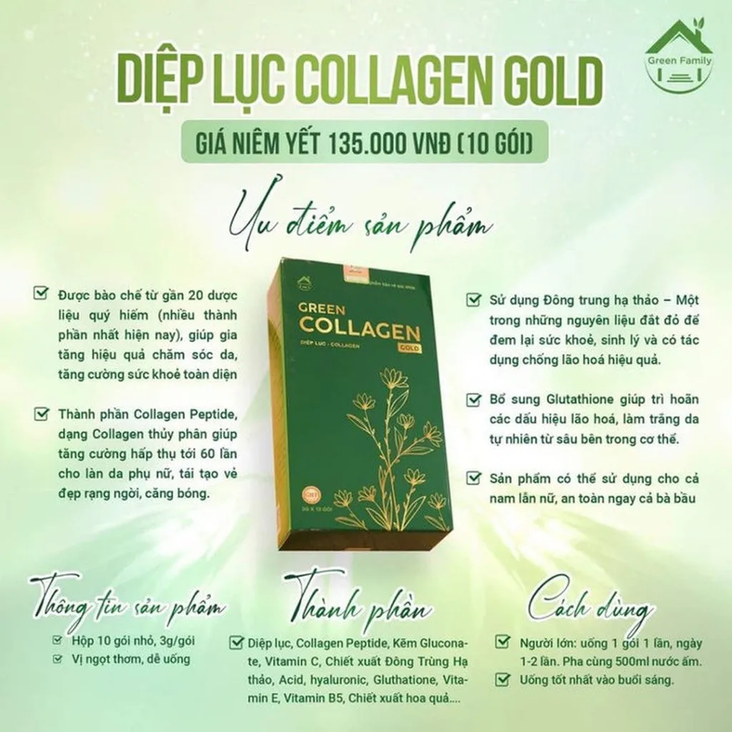 Alternative view of Diệp Lục Collagen Gold Chính Hãng Green Giảm Mụn Nám Tàn Nhang, Hổ Trợ Trắng Da Mịn Hộp 30 Gói - Gdn