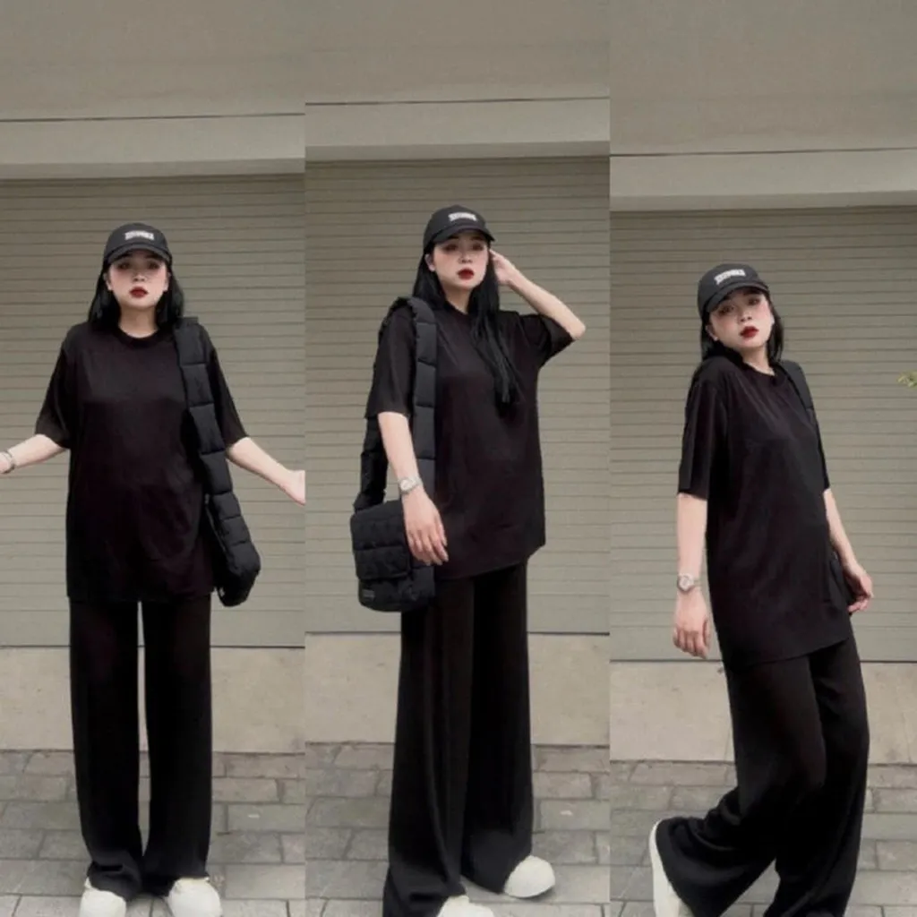 Alternative view of Sét Quần Ống Rộng Cạp Chun Đen Hack Dáng + Kèm Áo Phông Trơn Cotton Khô 3158 Loại 1