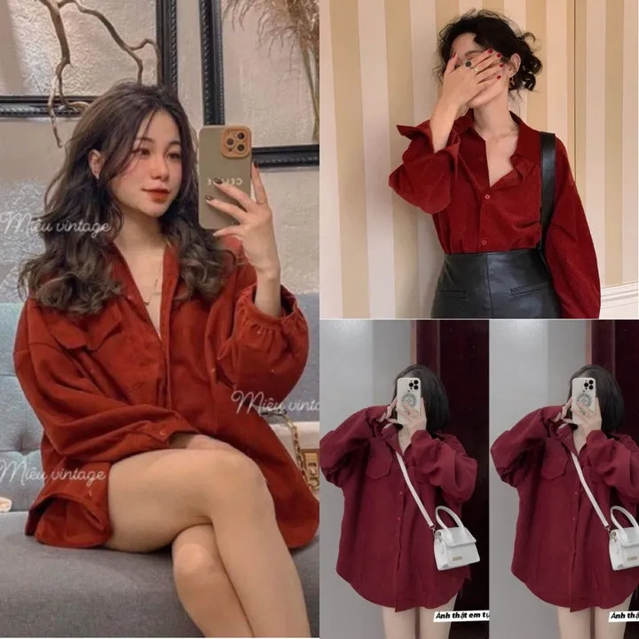 Áo Sơ Mi Nhung Tăm Đỏ Phong Cách Hàn Quốc Siêu Xinh