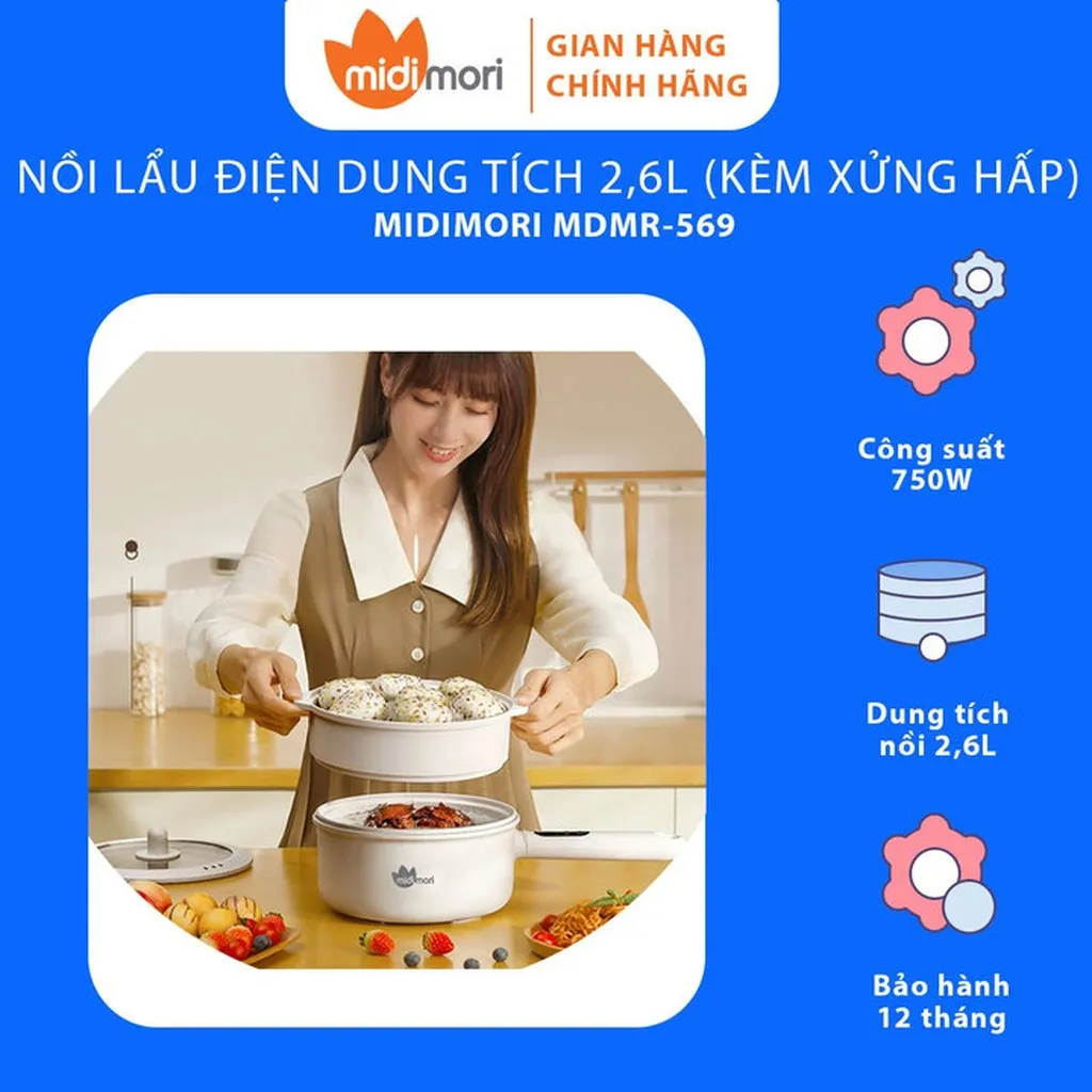 Nồi Lẩu Điện Đa Năng Dung Tích 2,6 Lít Kèm Xửng Hấp - Mdmd-569 - Midimori
