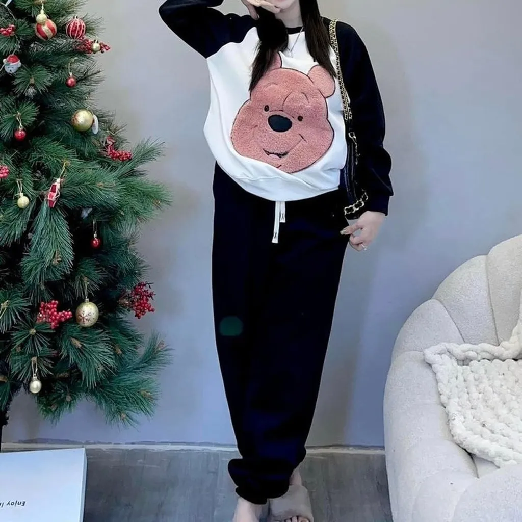 Bộ Đồ Thun Nữ Cotton Co Dãn In Hình Chú Gấu Trước Thân Áo - Htm Fashion