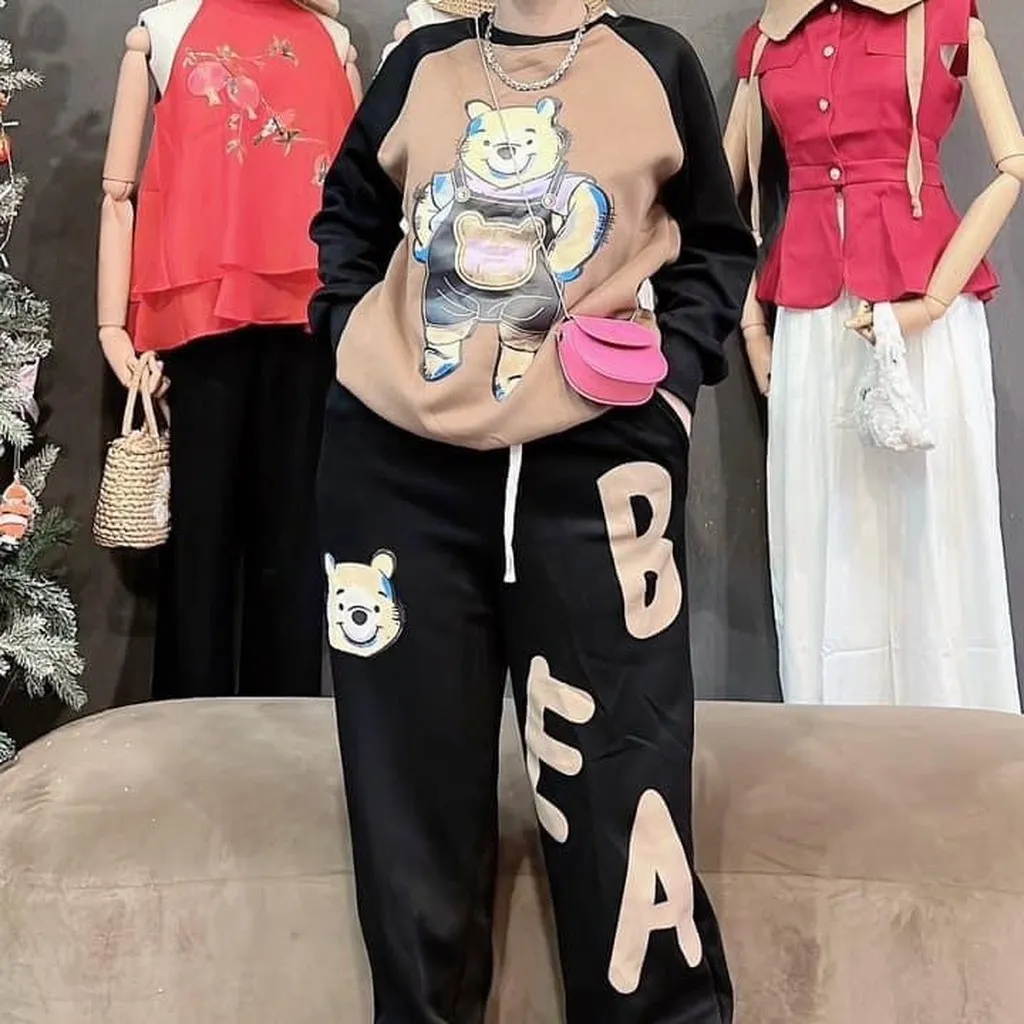 Bộ Đồ Thun Nữ Nỉ Vải Co Dãn Cotton In Hình Chú Gấu Thời Trang - Htm Fashion