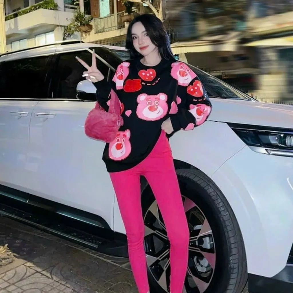 Bộ Đồ Thun Nữ Co Dãn Cotton In Hình Chú Gấu Hồng Siêu Dễ Thương - Htm Fashion