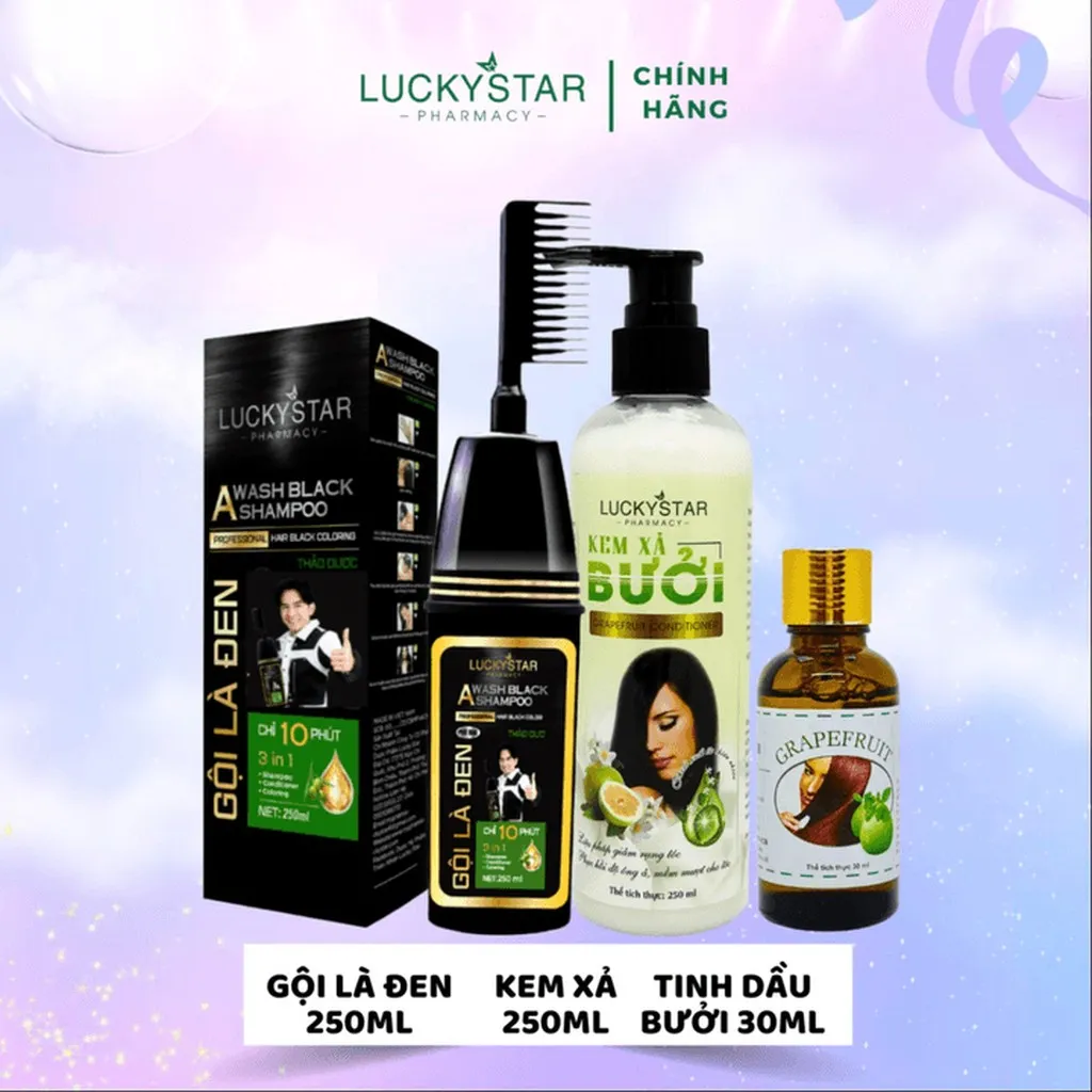 [combo Chăm Sóc Tóc] Combo Gội Phủ Bạc, Kem Xả Bưởi 250ml - Tinh Dầu Bưởi 30ml - Lucky Star