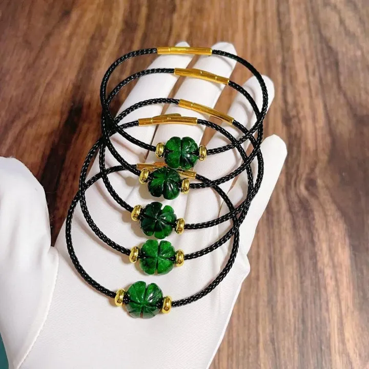 Vòng Tay Cỏ Bốn Lá Ngọc Cẩm Thạch Sơn Thủy Lên Dây Cáp Đen - Thắng Giang