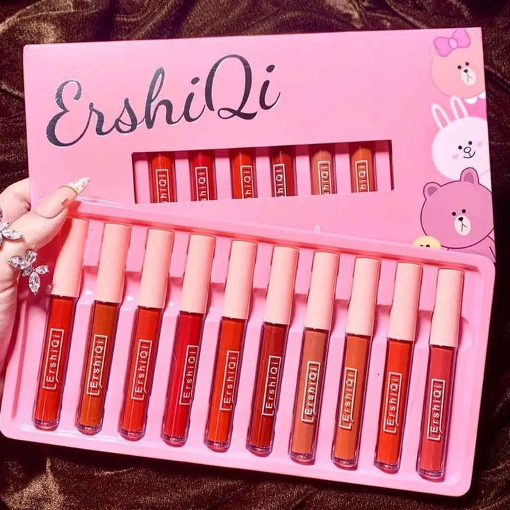 Son Kem Ershiqi Velvet Set Son 10 Cây Lên Màu Tươi Bóng Mịn Mà, Son Môi Dưỡng Chống Khô Tạo Cảm Giác Căng Mọng Đôi Môi- Kim