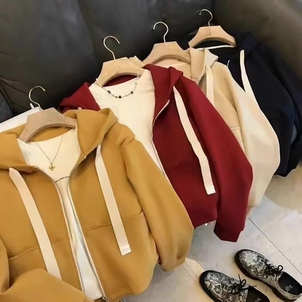 Alternative view of Áo Khoác Nỉ Lửng Nữ Có Túi Áo Trơn Có Nón Thời Trang Hot Trend - Htm Fashion