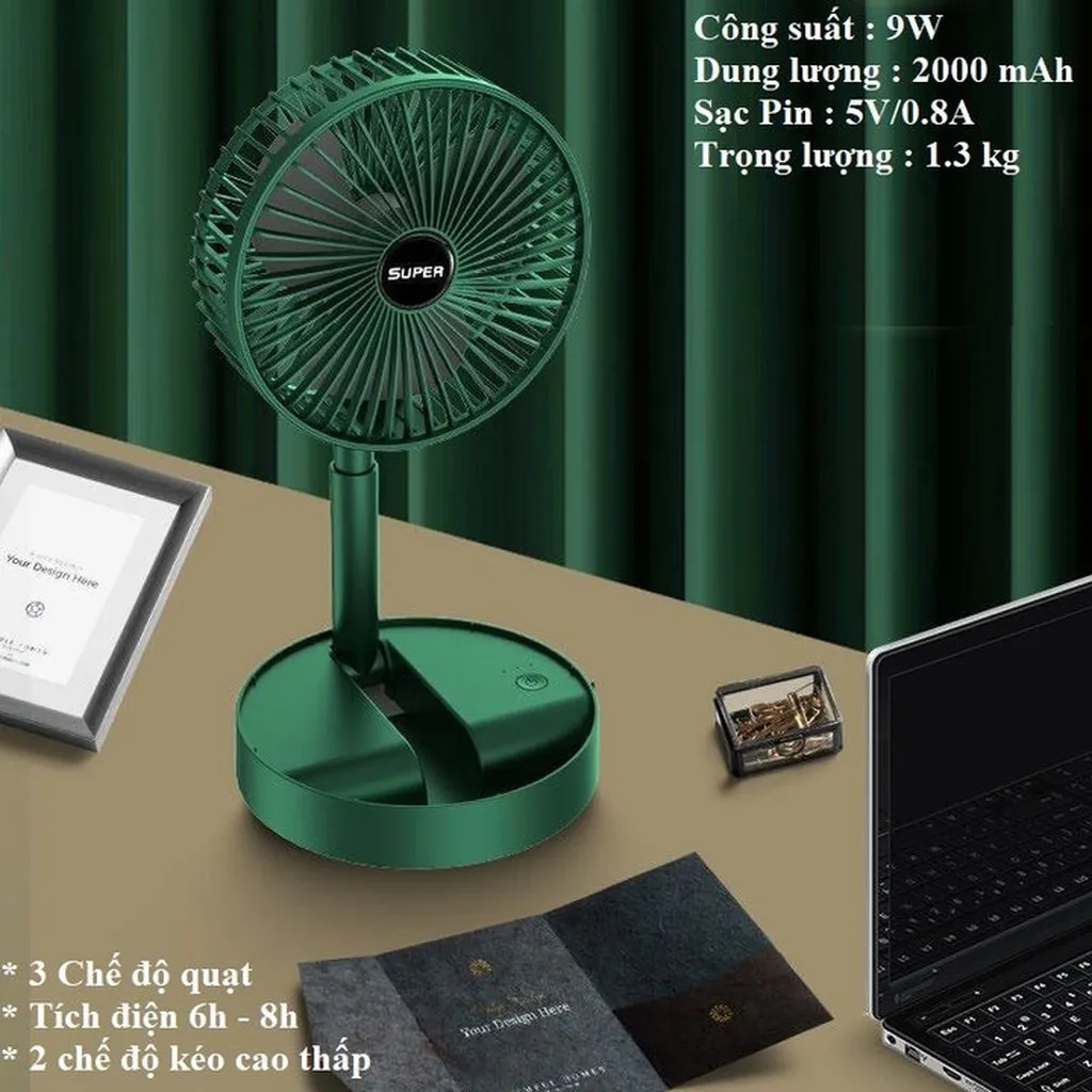 Quạt Super Fan Tích Điện Mini Gập Gọn Để Bàn