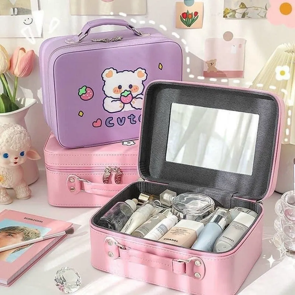 Hộp Đựng Mỹ Phẩm Da Pu Dạng Vali Có Gương 25*18*11cm - Shop Mẹ Bống