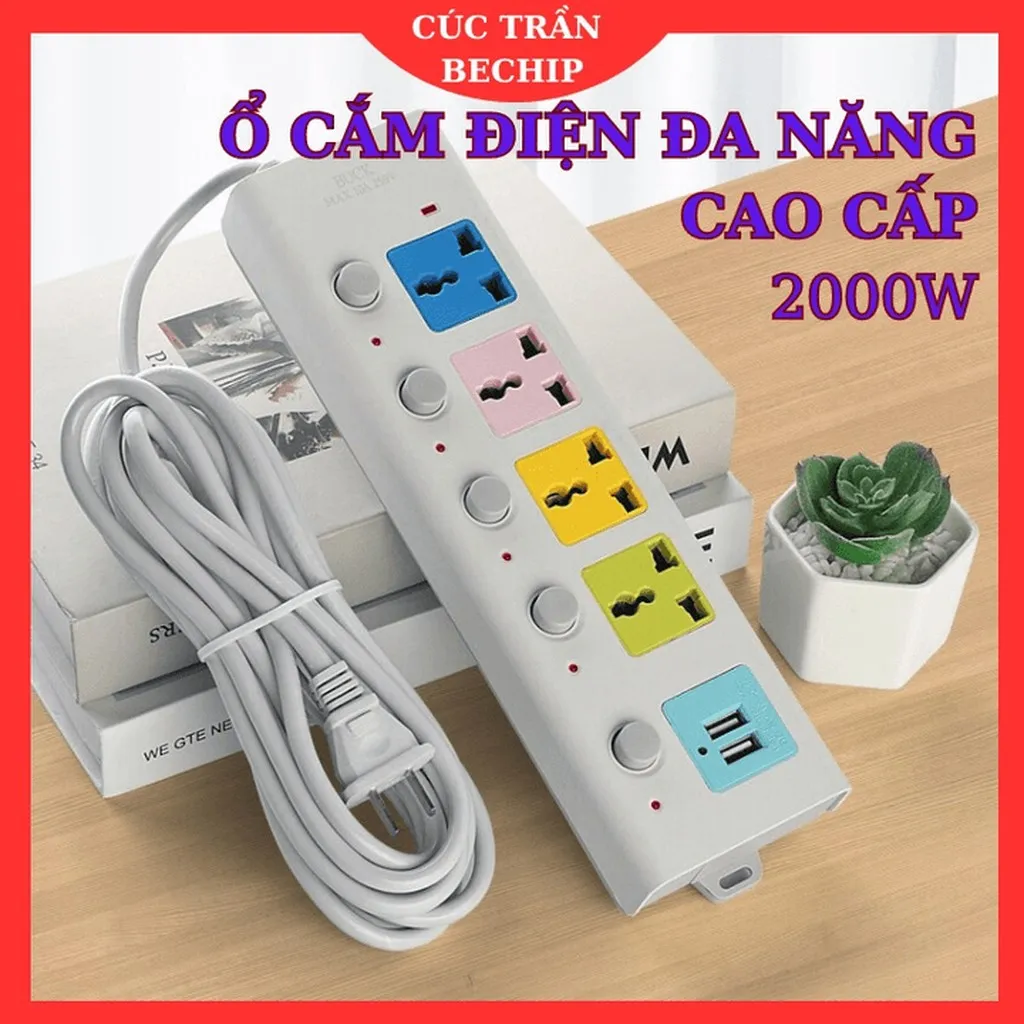 Ổ Cắm Điện Usb Đa Năng Cao Cấp Chống Giật Dây Dài, 2 Cổng Cắm Usb, Có Chốt An Toàn Tiện Dụng Ctb681 - Bechip