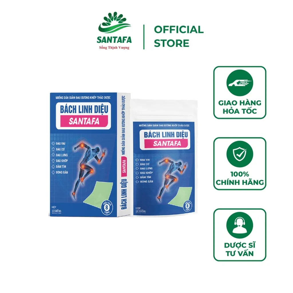 Miếng Dán Giảm Đau Vai Gáy, Xương Khớp, Bong Gân, Đau Do Chấn Thương Bách Linh Diệu Santafa - Hộp 10 Miếng - Santafa