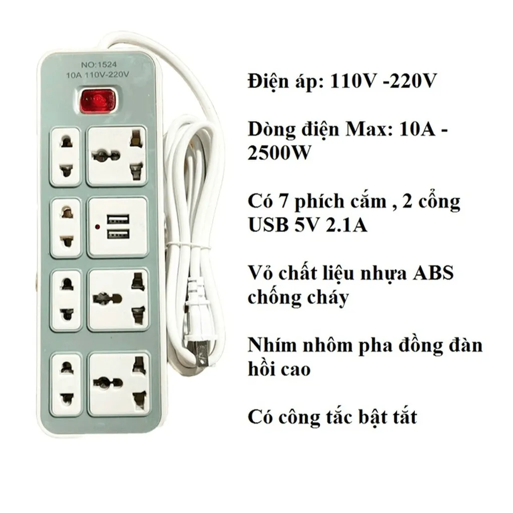 Ổ Cắm Điện No1524 (7 Lỗ Cắm + 2 Usb) Dây Dài 3m -su