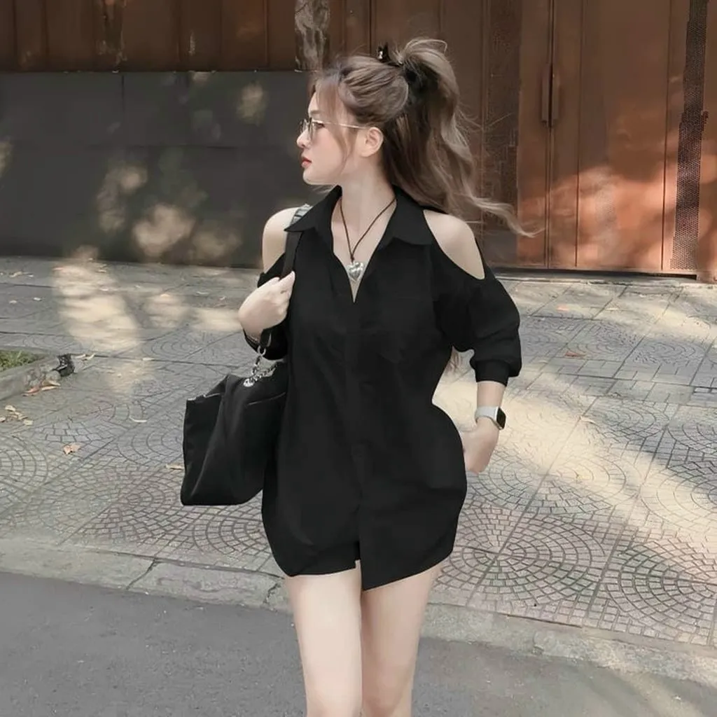 Set Đồ Bộ Sơ Mi 2 Món Sơ Mi Hở Vai Kè Quần Cotton Lạnh Siêu Đẹp - Htm Fashion