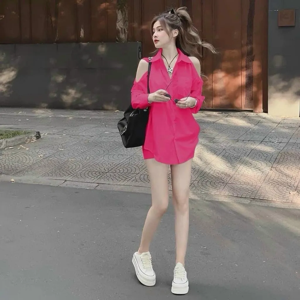 Alternative view of Set Đồ Bộ Sơ Mi 2 Món Sơ Mi Hở Vai Kè Quần Cotton Lạnh Siêu Đẹp - Htm Fashion