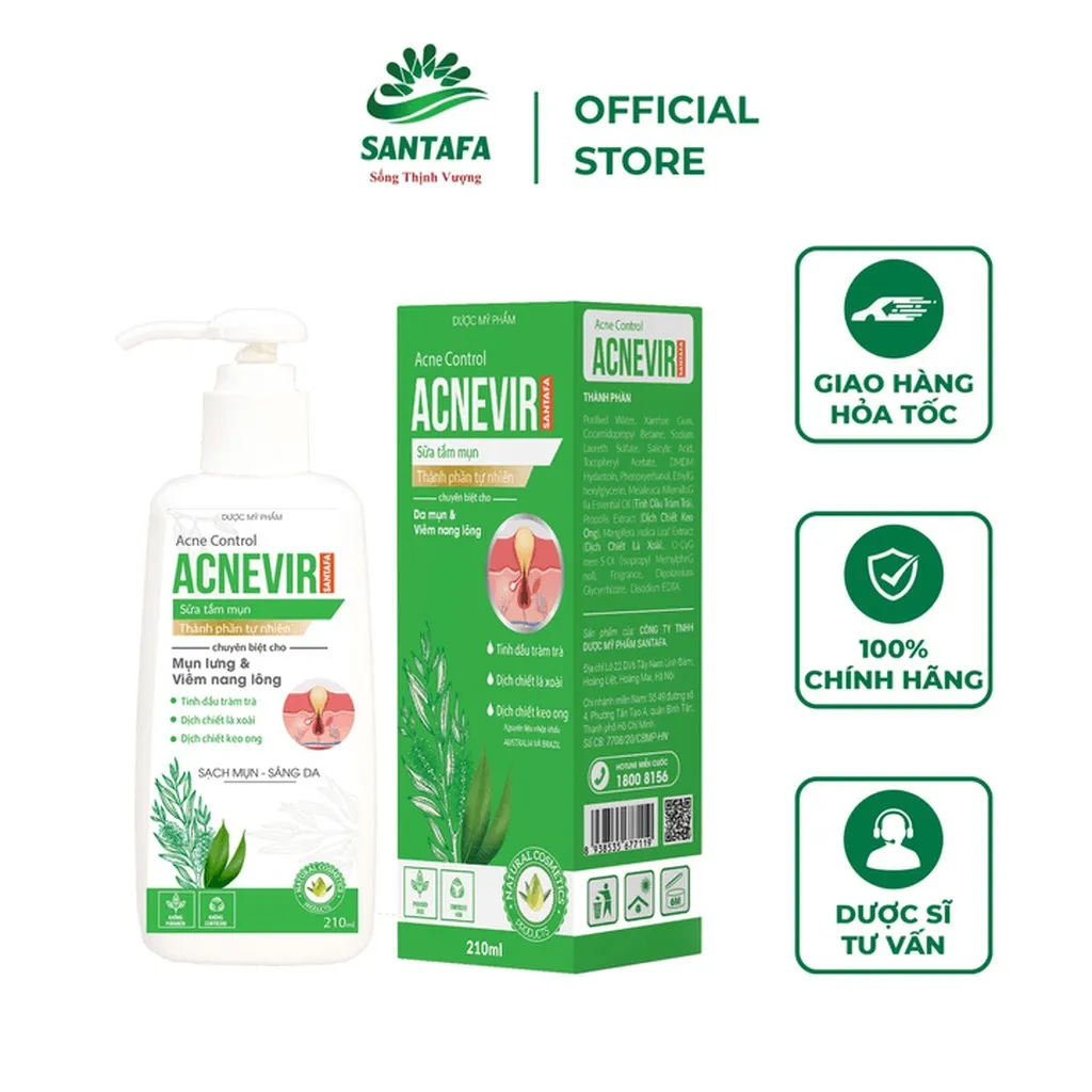 Sữa Tắm Mụn Lưng Acnevir Giúp Giảm Viêm Nang Lông, Làm Sạch, Giúp Trắng Da Chai 210ml - Santafa
