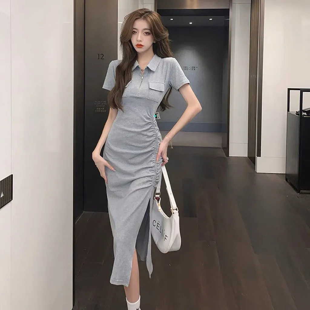 Alternative view of Đầm Body Gân Tăm Form Dài Rút 1 Bên Cổ Sơ Mi - Lê Phương Boutique