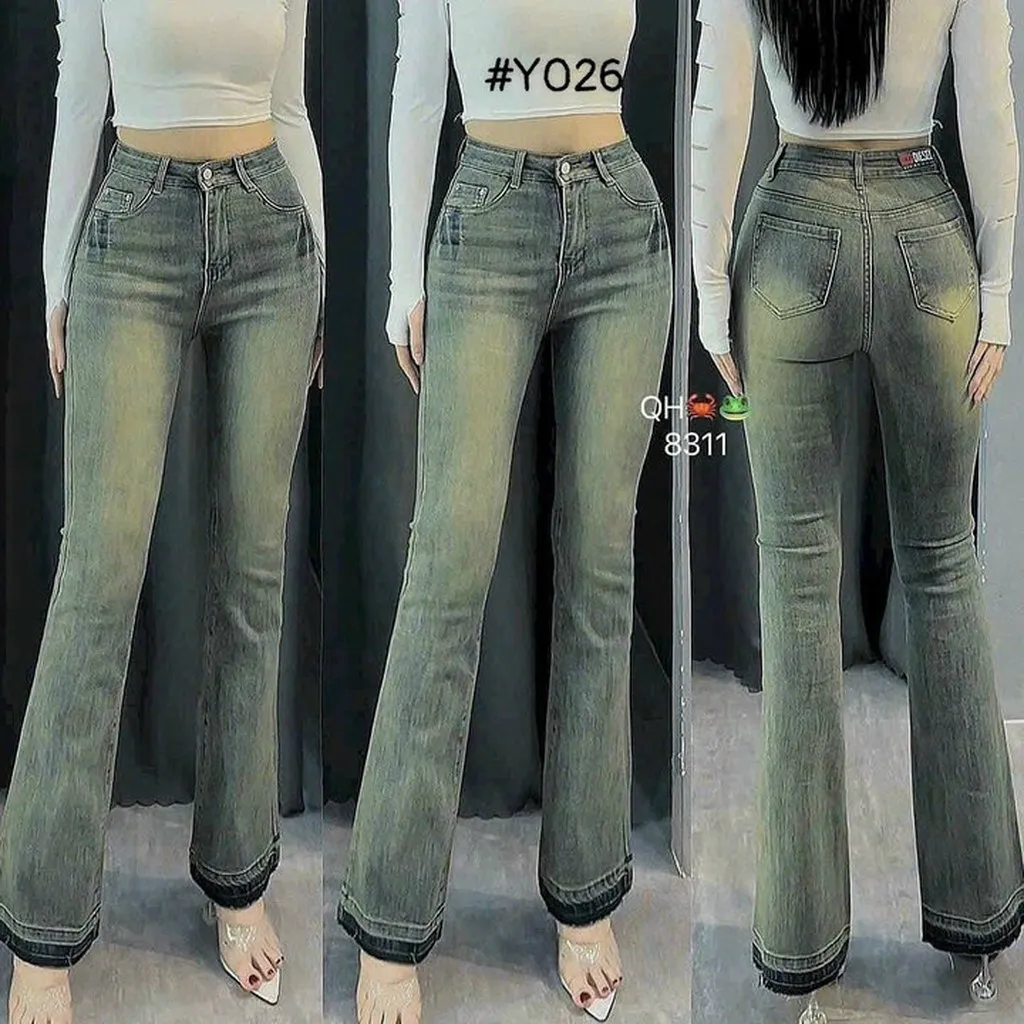 Quần Jean Lưng Cao Ống Loe Hàng Vnxk Cao Cấp Màu Wax Bụi - Kim