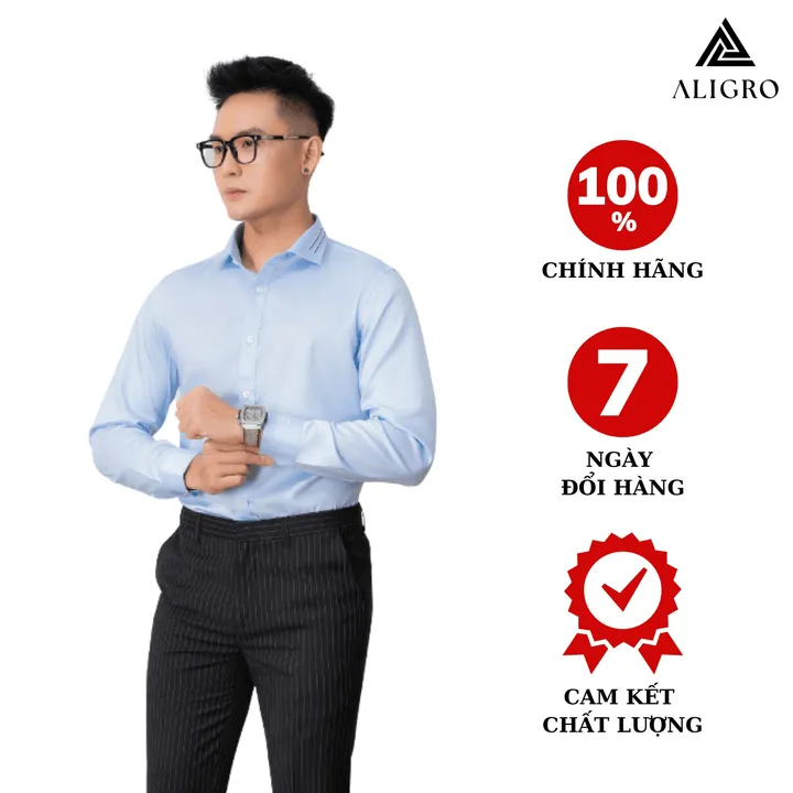 Áo Sơ Mi Nam Dài Tay Aligro Cổ Bẻ Dáng Ôm Body 100% Chất Cotton Xanh Phối Cổ Algs212 - Aligro