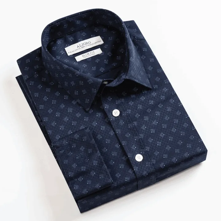 Alternative view of Áo Sơ Mi Nam Dài Tay Aligro Cổ Bẻ Dáng Ôm Body 100% Chất Cotton Navy Vân Ô Algs223 - Aligro